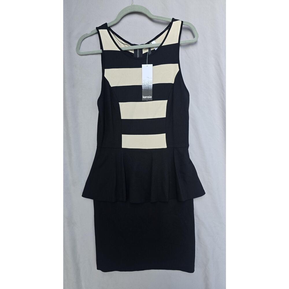 Kensie Dress Womens Small Black Stripe Sleeveless Peplum Bodycon Mini Party